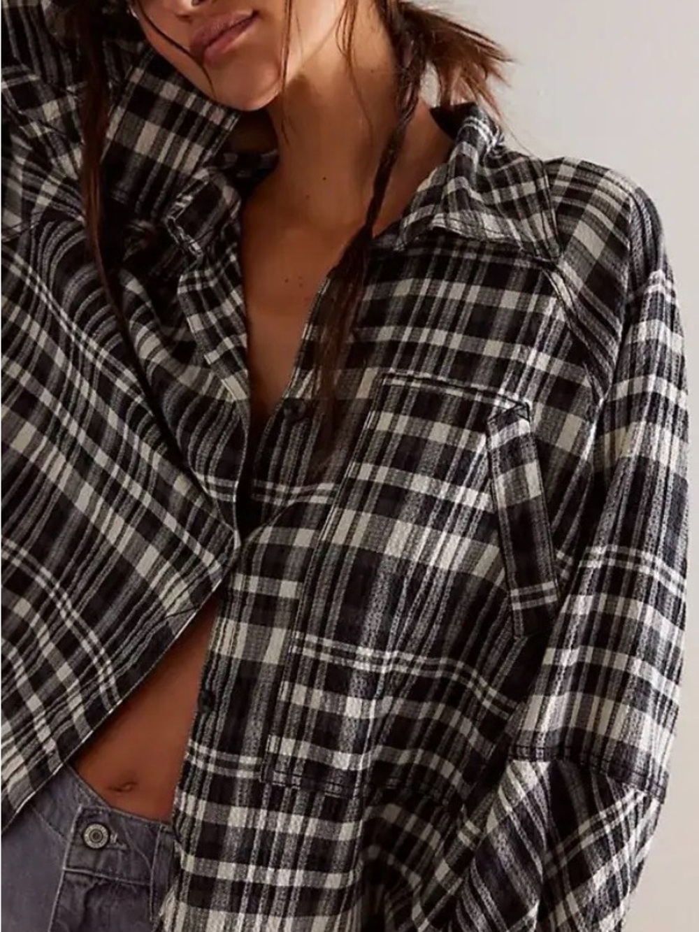 We The Free Black White Plaid Button-Down Shirt